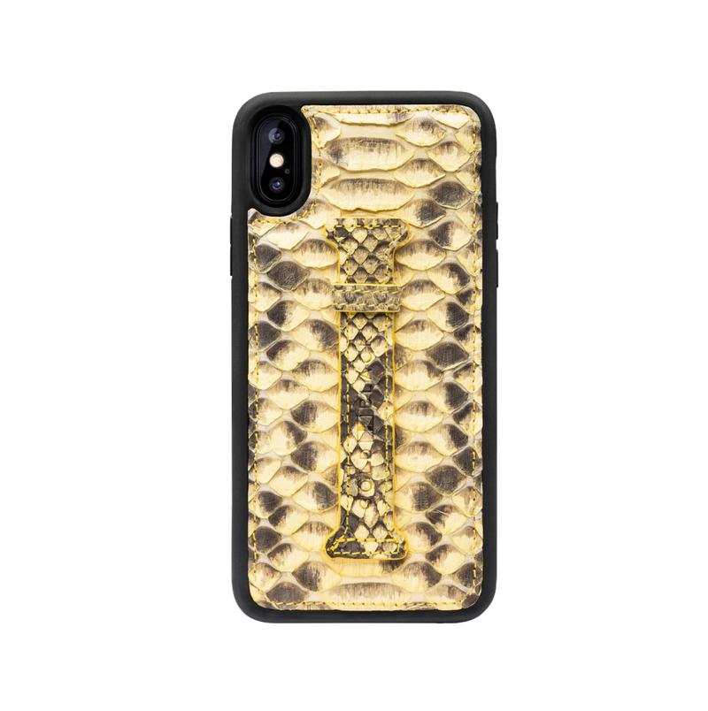 IPHONE XS LEATHER CASE WITH FINGERHOLDER PYTHON YELLOW