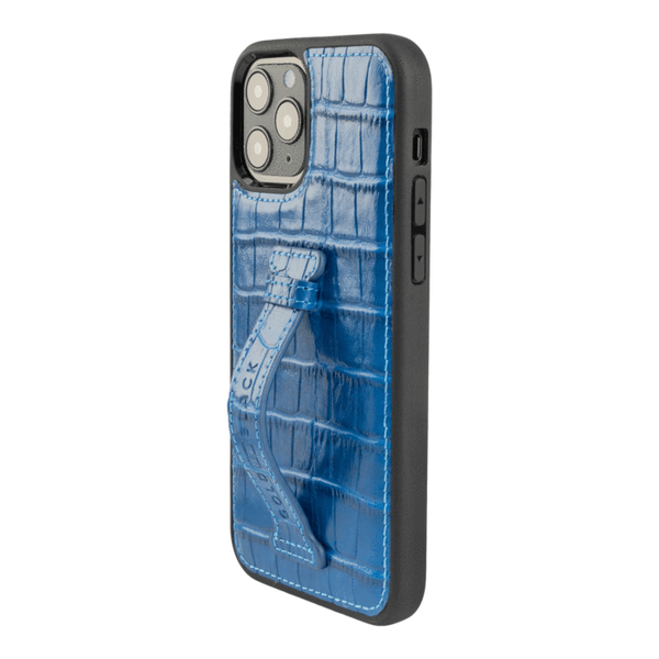 Copy of IPHONE 13 / 13 PRO LEATHER CASE WITH FINGERHOLDER CROCO BLUE