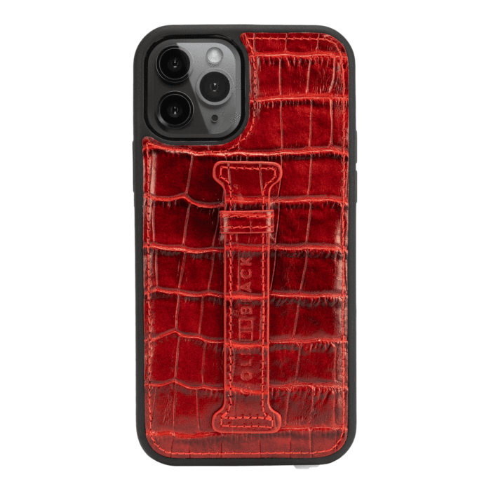 IPHONE 12 / 12 PRO LEATHER CASE WITH FINGERHOLDER CROCO RED