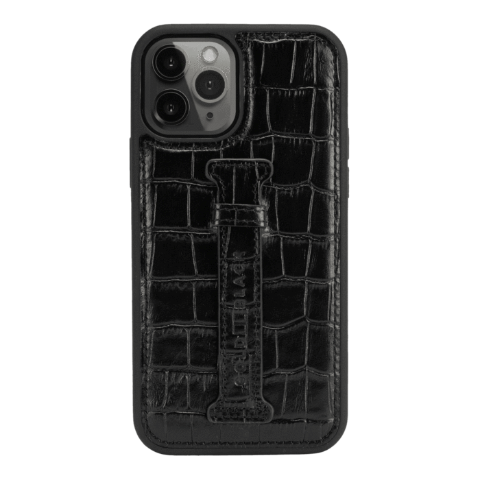 IPHONE 13 / 13 PRO LEATHER CASE WITH FINGERHOLDER CROCO BLACK