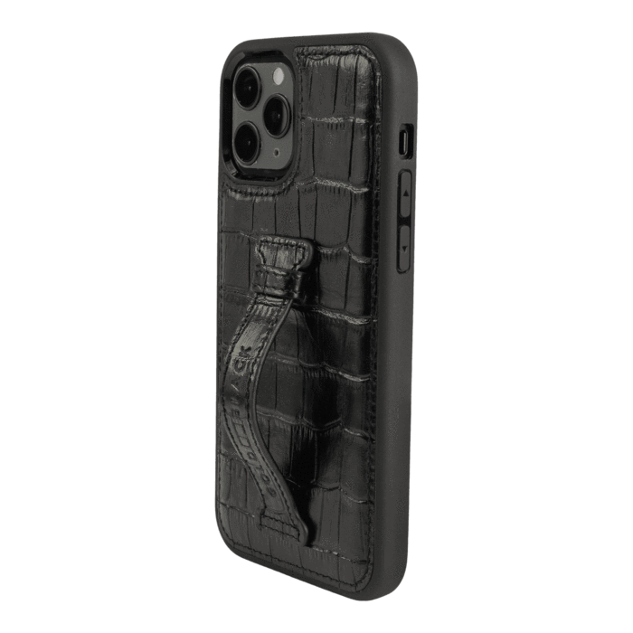 IPHONE 13 / 13 PRO LEATHER CASE WITH FINGERHOLDER CROCO BLACK