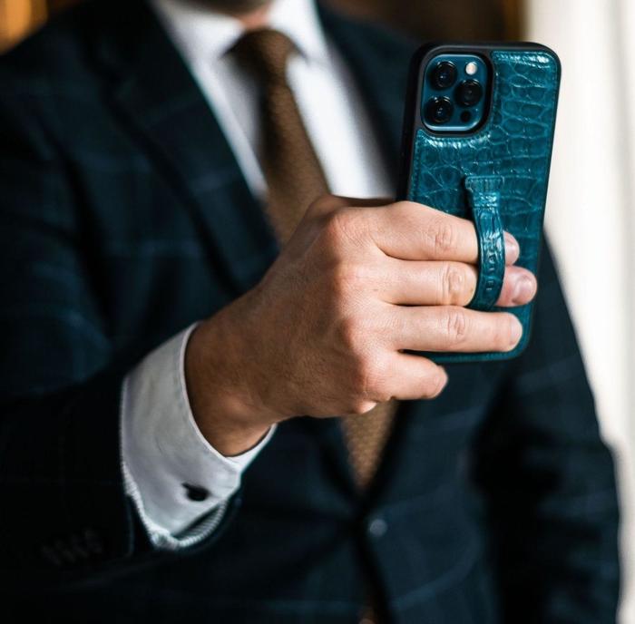 IPHONE 12 PRO MAX LEATHER CASE WITH FINGERHOLDER PETROL BLUE