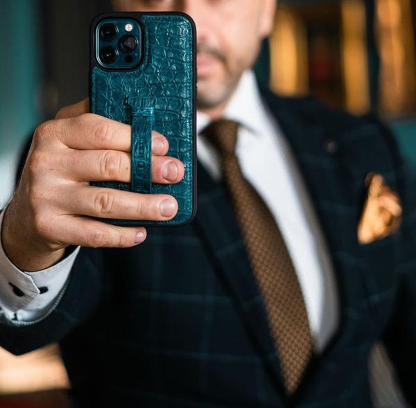 IPHONE 12 PRO MAX LEATHER CASE WITH FINGERHOLDER PETROL BLUE